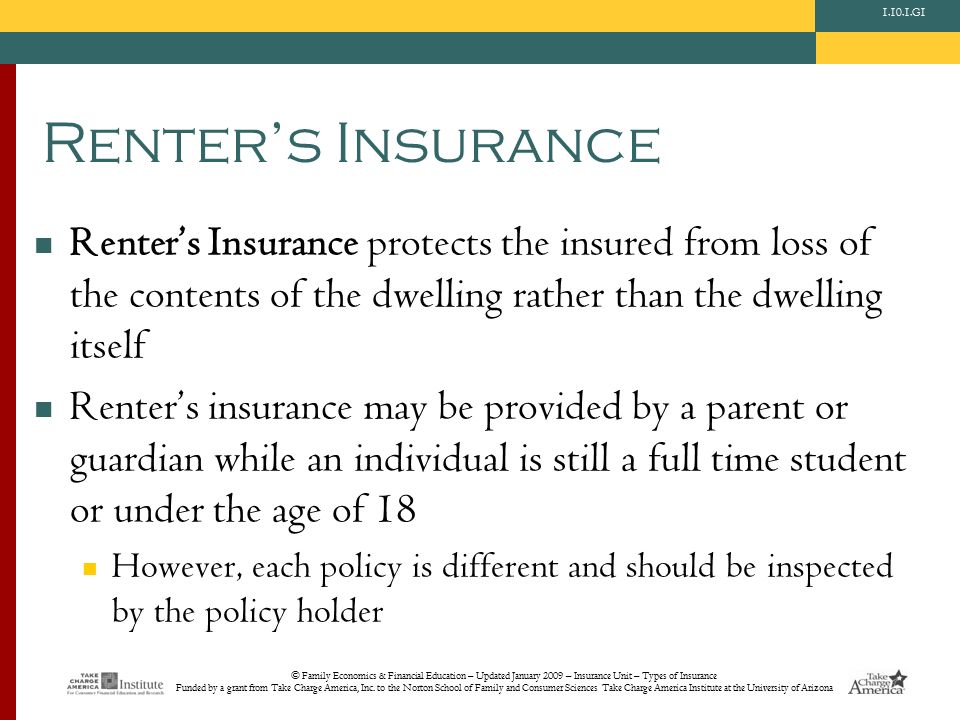 © Family Economics & Financial Education – Updated January 2009 – Insurance Unit – Types of Insurance Funded by a grant from Take Charge America, Inc.