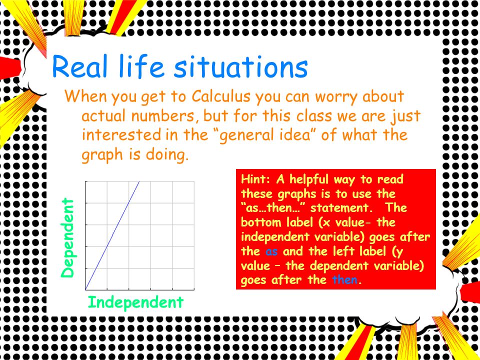 Real life situations When you get to Calculus you can worry about actual numbers, but for this class we are just interested in the general idea of what the graph is doing.