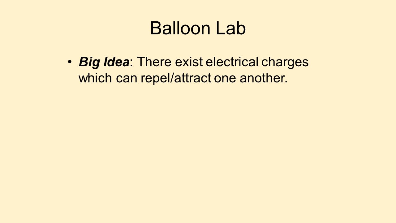 Balloon Lab Big Idea: There exist electrical charges which can repel/attract one another.