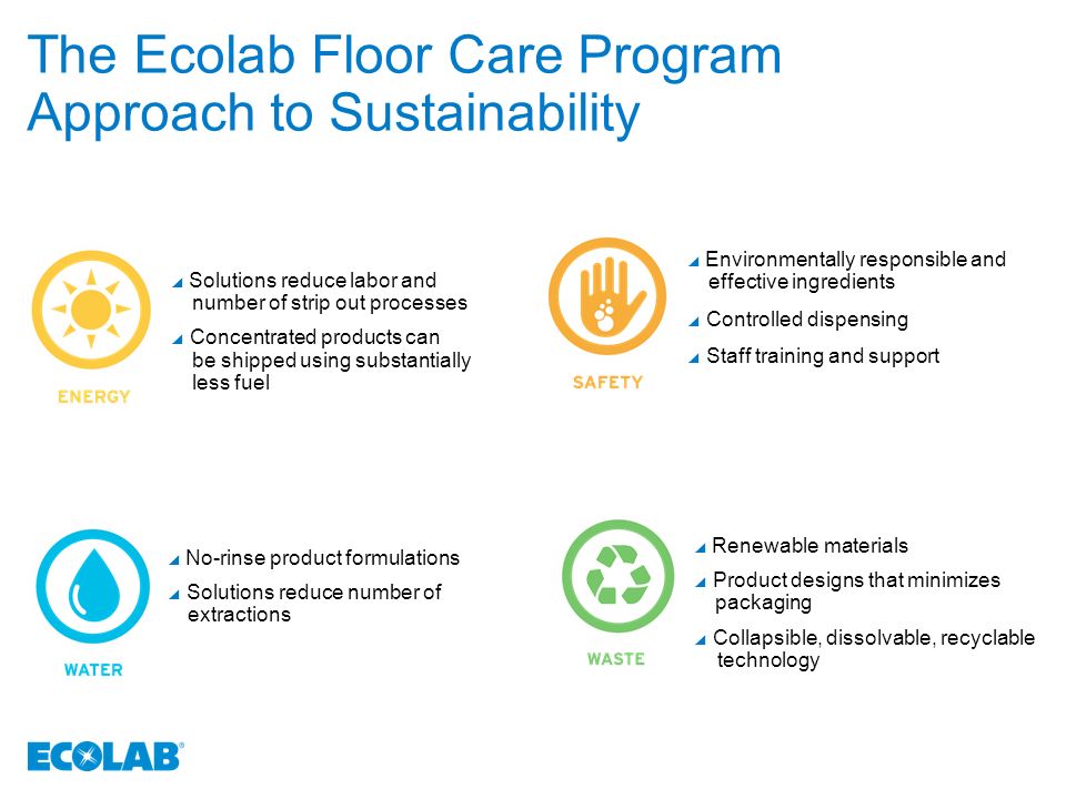The Ecolab Floor Care Program Approach to Sustainability  Solutions reduce labor and number of strip out processes  Concentrated products can be shipped using substantially less fuel  Environmentally responsible and effective ingredients  Controlled dispensing  Staff training and support  Renewable materials  Product designs that minimizes packaging  Collapsible, dissolvable, recyclable technology  No-rinse product formulations  Solutions reduce number of extractions