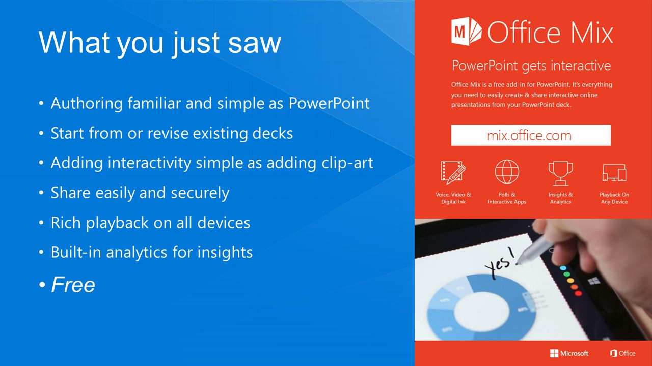 What you just saw Authoring familiar and simple as PowerPoint Start from or revise existing decks Adding interactivity simple as adding clip-art Share easily and securely Rich playback on all devices Built-in analytics for insights Free