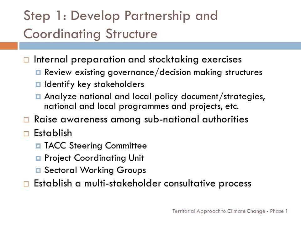 Step 1: Develop Partnership and Coordinating Structure Territorial Approach to Climate Change - Phase 1  Internal preparation and stocktaking exercises  Review existing governance/decision making structures  Identify key stakeholders  Analyze national and local policy document/strategies, national and local programmes and projects, etc.