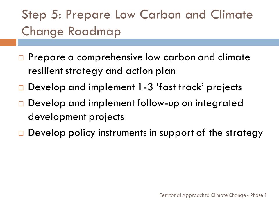 Step 5: Prepare Low Carbon and Climate Change Roadmap  Prepare a comprehensive low carbon and climate resilient strategy and action plan  Develop and implement 1-3 ‘fast track’ projects  Develop and implement follow-up on integrated development projects  Develop policy instruments in support of the strategy Territorial Approach to Climate Change - Phase 1