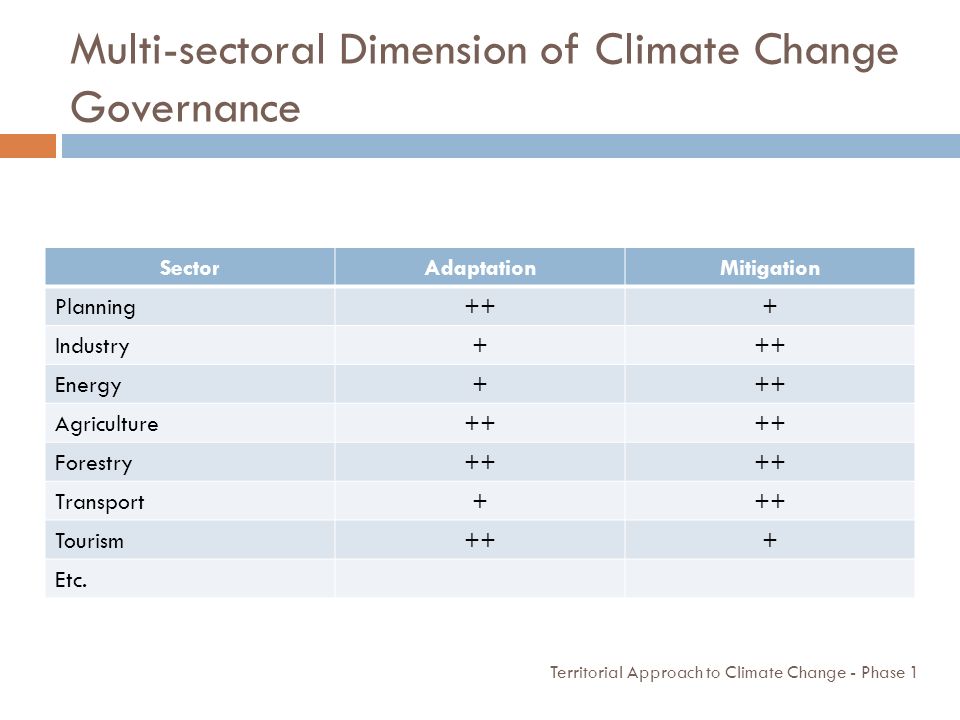 Multi-sectoral Dimension of Climate Change Governance SectorAdaptationMitigation Planning+++ Industry+++ Energy+++ Agriculture++ Forestry++ Transport+++ Tourism+++ Etc.