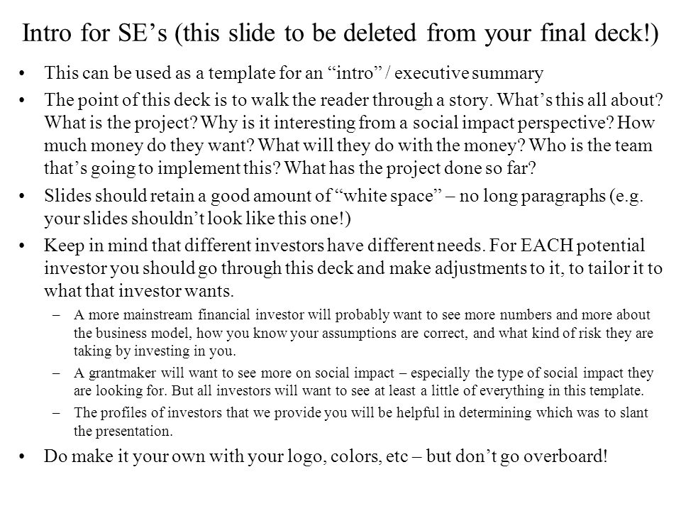 intro for ses this slide to be deleted from your final whats an executive summary