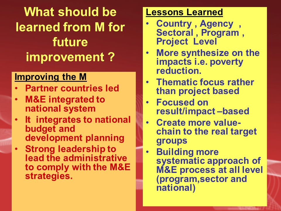 What should be learned from M for future improvement .