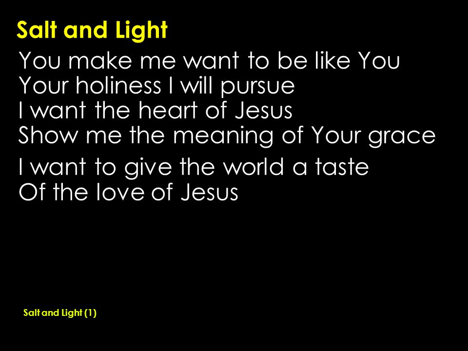Salt and Light You make me want to be like You Your holiness I will pursue I want the heart of Jesus Show me the meaning of Your grace I want to give the world a taste Of the love of Jesus Salt and Light (1)