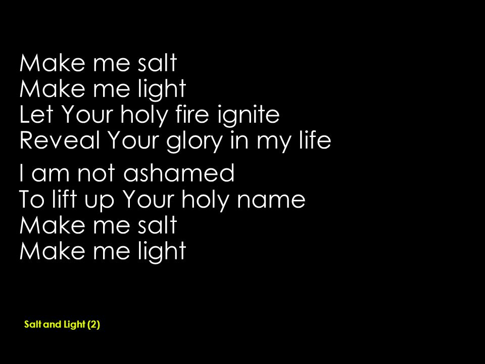 Make me salt Make me light Let Your holy fire ignite Reveal Your glory in my life I am not ashamed To lift up Your holy name Make me salt Make me light Salt and Light (2)