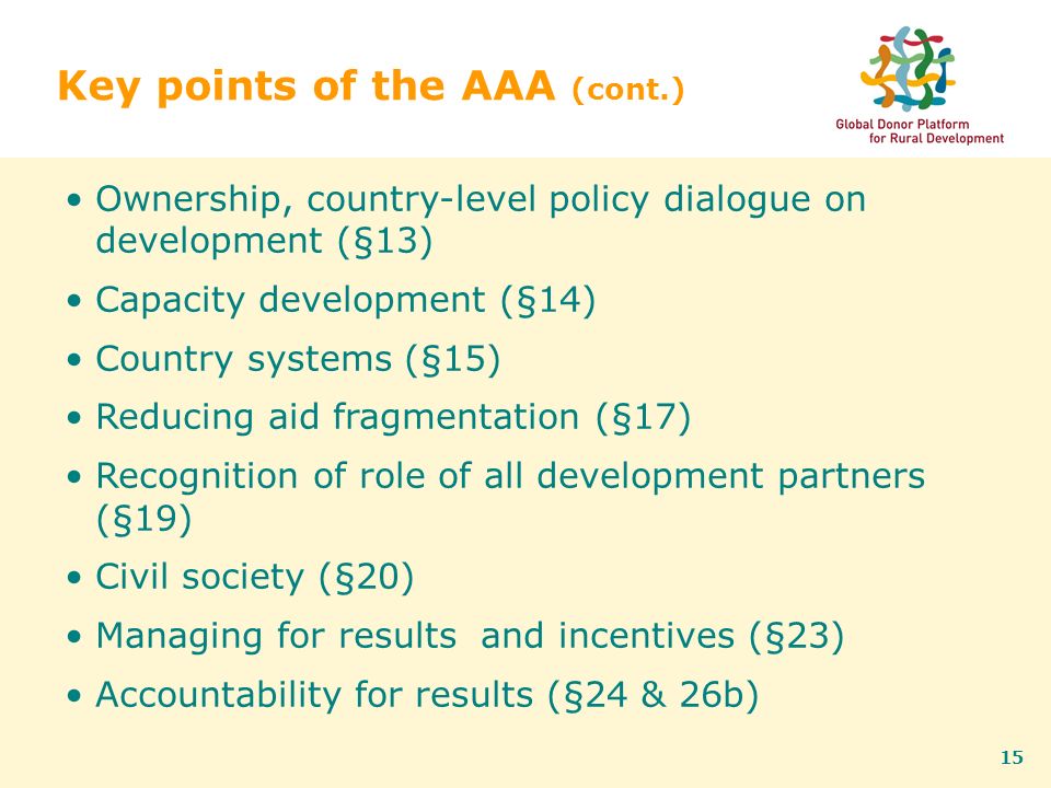 15 Key points of the AAA (cont.) Ownership, country-level policy dialogue on development (§13) Capacity development (§14) Country systems (§15) Reducing aid fragmentation (§17) Recognition of role of all development partners (§19) Civil society (§20) Managing for results and incentives (§23) Accountability for results (§24 & 26b)