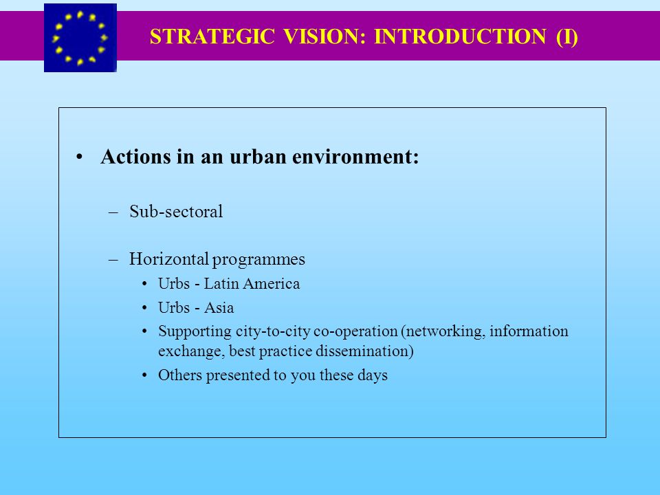Actions in an urban environment: –Sub-sectoral –Horizontal programmes Urbs - Latin America Urbs - Asia Supporting city-to-city co-operation (networking, information exchange, best practice dissemination) Others presented to you these days STRATEGIC VISION: INTRODUCTION (I)