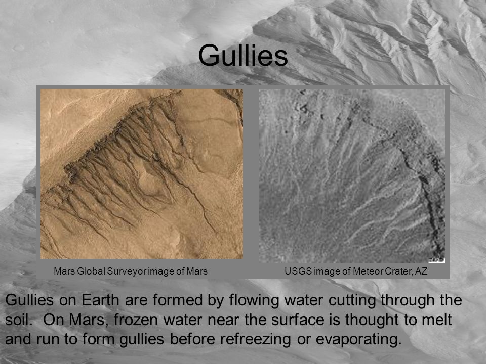 Gullies USGS image of Meteor Crater, AZMars Global Surveyor image of Mars Gullies on Earth are formed by flowing water cutting through the soil.