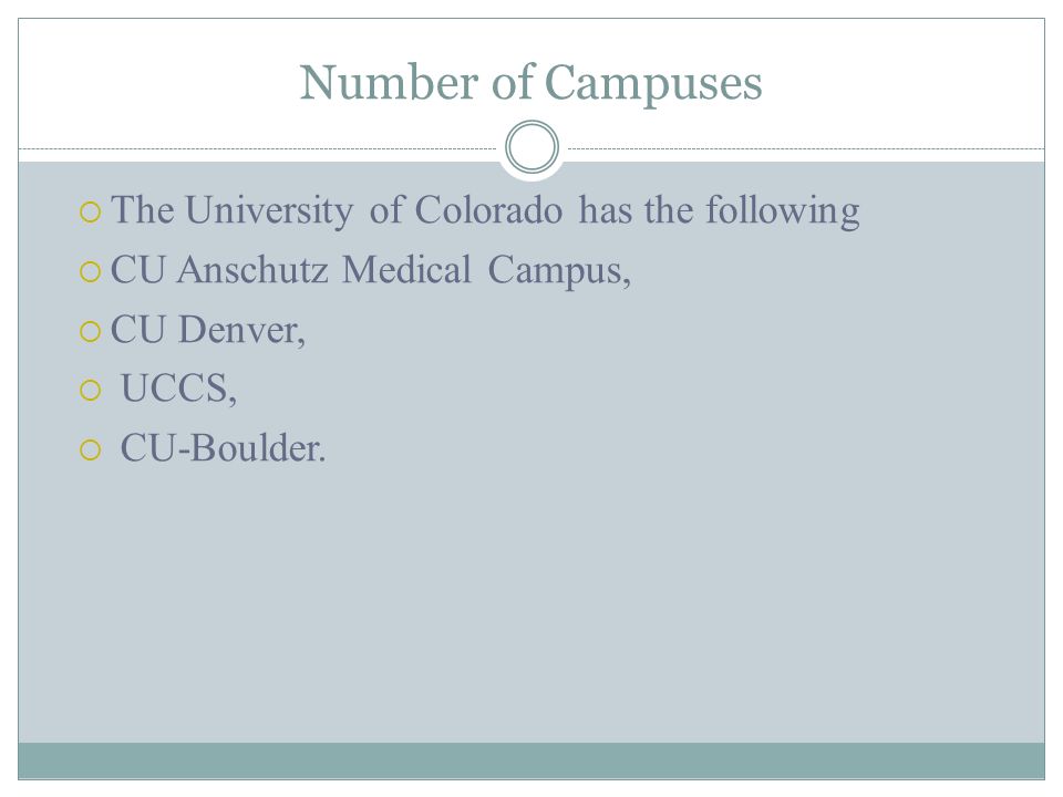 Number of Campuses  The University of Colorado has the following  CU Anschutz Medical Campus,  CU Denver,  UCCS,  CU-Boulder.
