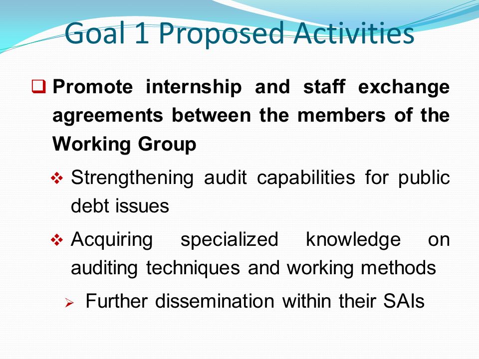 Goal 1 Proposed Activities  Promote internship and staff exchange agreements between the members of the Working Group  Strengthening audit capabilities for public debt issues  Acquiring specialized knowledge on auditing techniques and working methods  Further dissemination within their SAIs