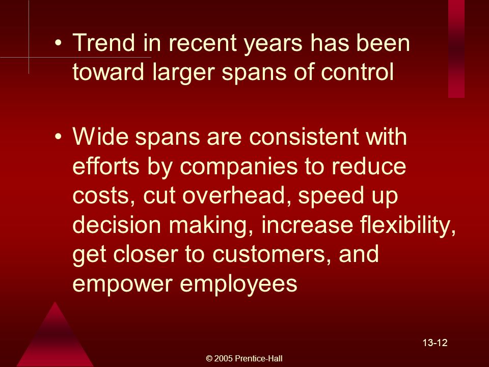 © 2005 Prentice-Hall Trend in recent years has been toward larger spans of control Wide spans are consistent with efforts by companies to reduce costs, cut overhead, speed up decision making, increase flexibility, get closer to customers, and empower employees