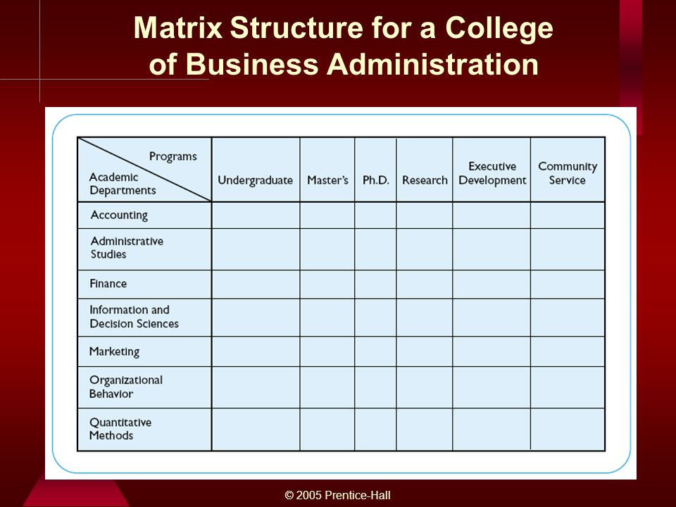 © 2005 Prentice-Hall Matrix Structure for a College of Business Administration