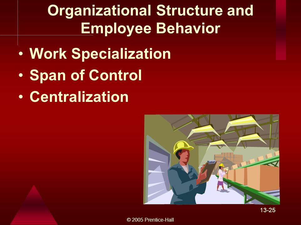 © 2005 Prentice-Hall Organizational Structure and Employee Behavior Work Specialization Span of Control Centralization