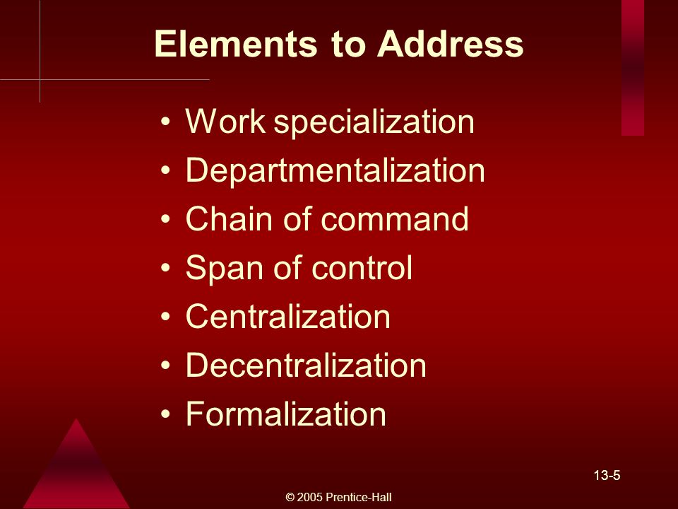 © 2005 Prentice-Hall 13-5 Elements to Address Work specialization Departmentalization Chain of command Span of control Centralization Decentralization Formalization