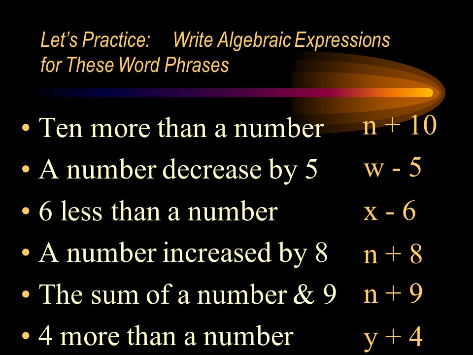 Let’s Practice: Write Algebraic Expressions for These Word Phrases Ten more than a number A number decrease by 5 6 less than a number A number increased by 8 The sum of a number & 9 4 more than a number n + 10 w - 5 x - 6 n + 8 n + 9 y + 4