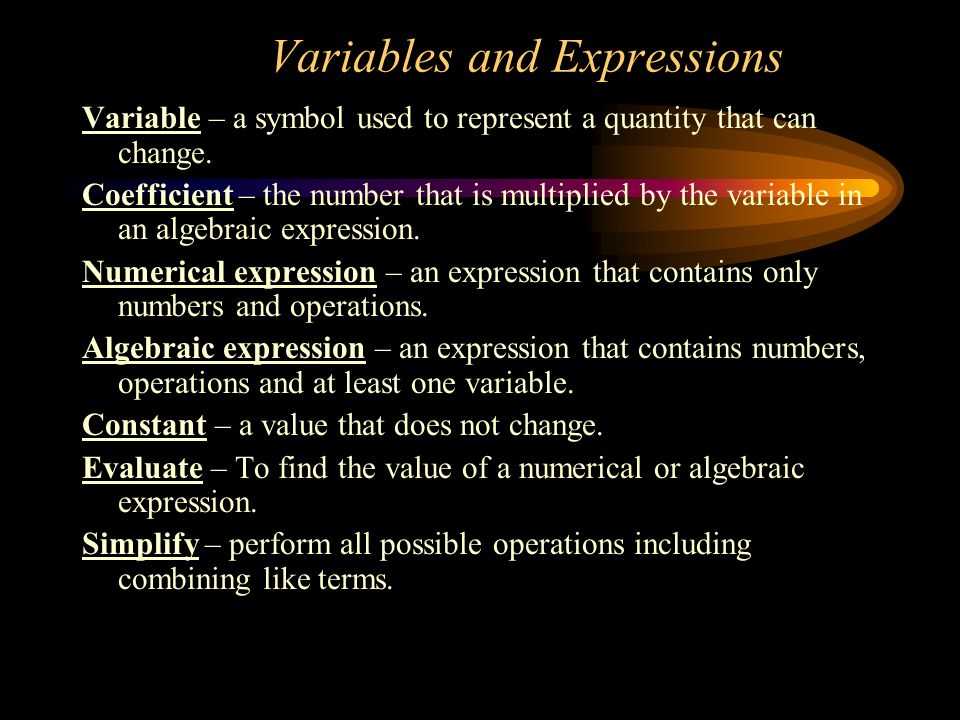 Variables and Expressions Variable – a symbol used to represent a quantity that can change.