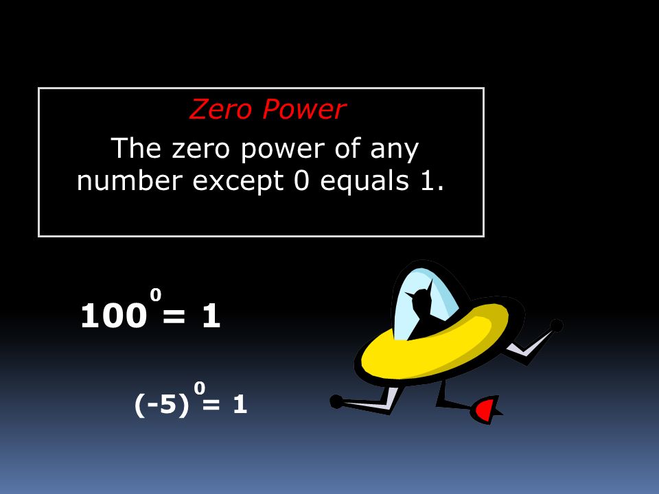 Zero Power The zero power of any number except 0 equals = 1 0 (-5) = 1 0