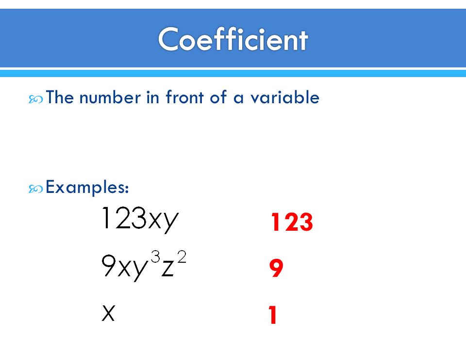  The number in front of a variable  Examples: