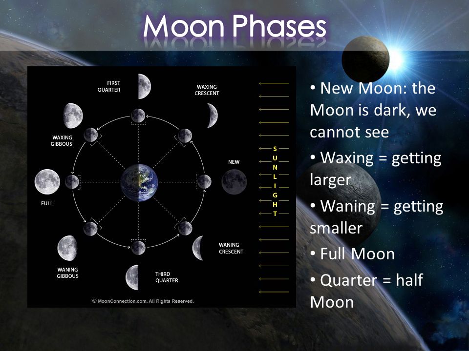 New Moon: the Moon is dark, we cannot see Waxing = getting larger Waning = getting smaller Full Moon Quarter = half Moon