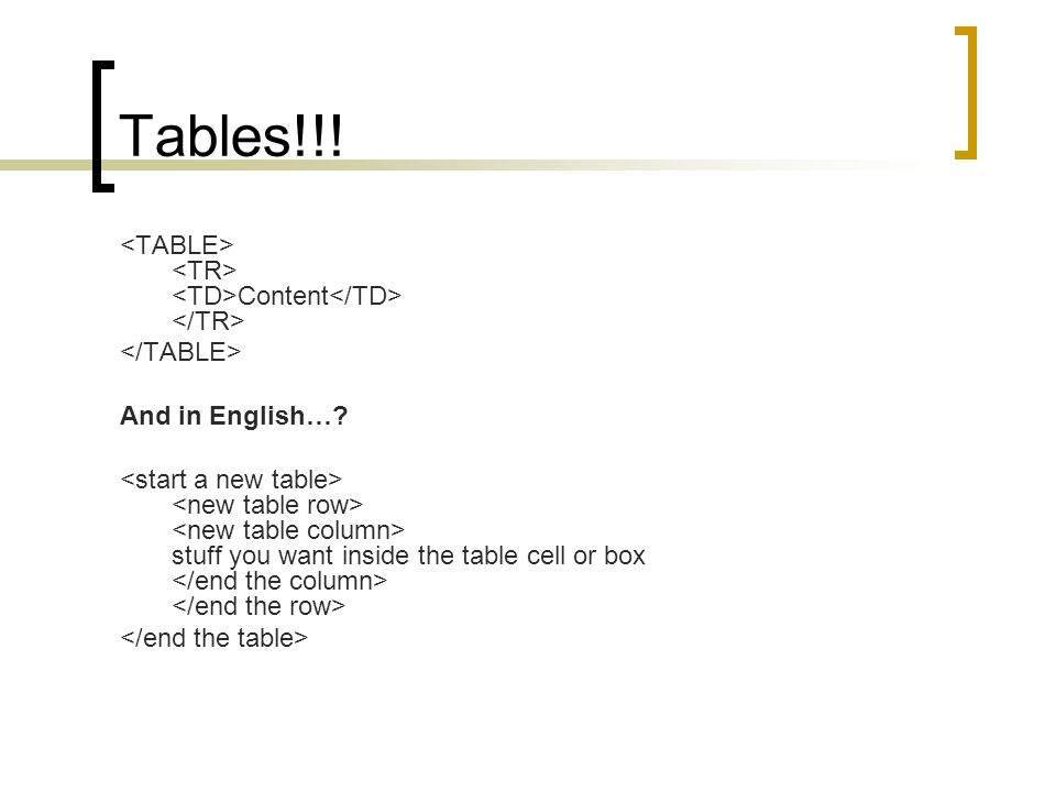 Tables!!! Content And in English… stuff you want inside the table cell or box