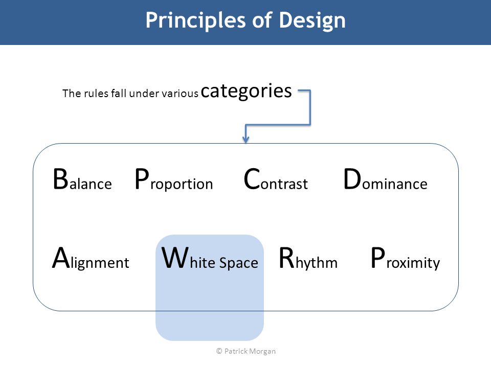 Principles of Design B alance R hythm P roportion D ominance A lignment P roximity C ontrast W hite Space The rules fall under various categories