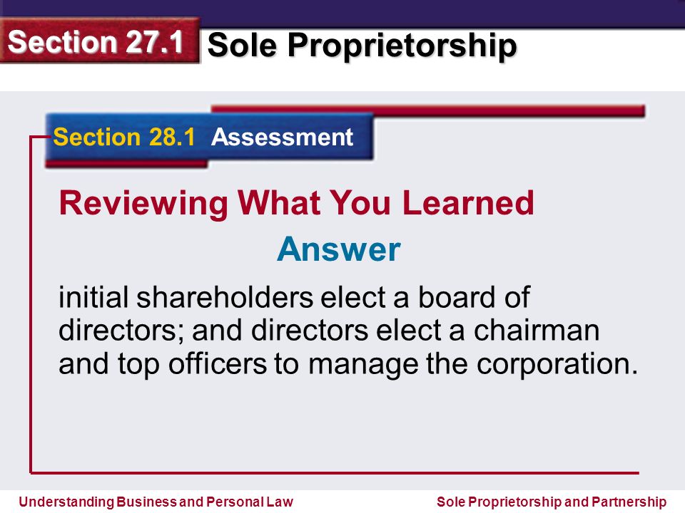 Understanding Business and Personal Law Sole Proprietorship Section 27.1 Sole Proprietorship and Partnership Reviewing What You Learned initial shareholders elect a board of directors; and directors elect a chairman and top officers to manage the corporation.