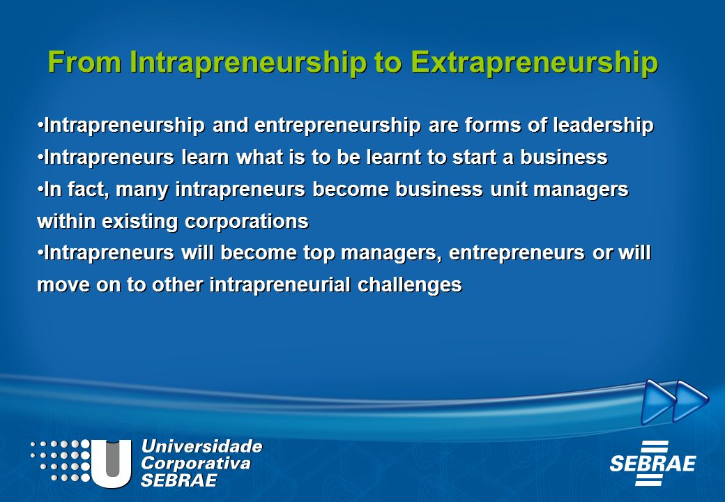 From Intrapreneurship to Extrapreneurship Intrapreneurship and entrepreneurship are forms of leadership Intrapreneurs learn what is to be learnt to start a business In fact, many intrapreneurs become business unit managers within existing corporations Intrapreneurs will become top managers, entrepreneurs or will move on to other intrapreneurial challenges Intrapreneurship and entrepreneurship are forms of leadership Intrapreneurs learn what is to be learnt to start a business In fact, many intrapreneurs become business unit managers within existing corporations Intrapreneurs will become top managers, entrepreneurs or will move on to other intrapreneurial challenges