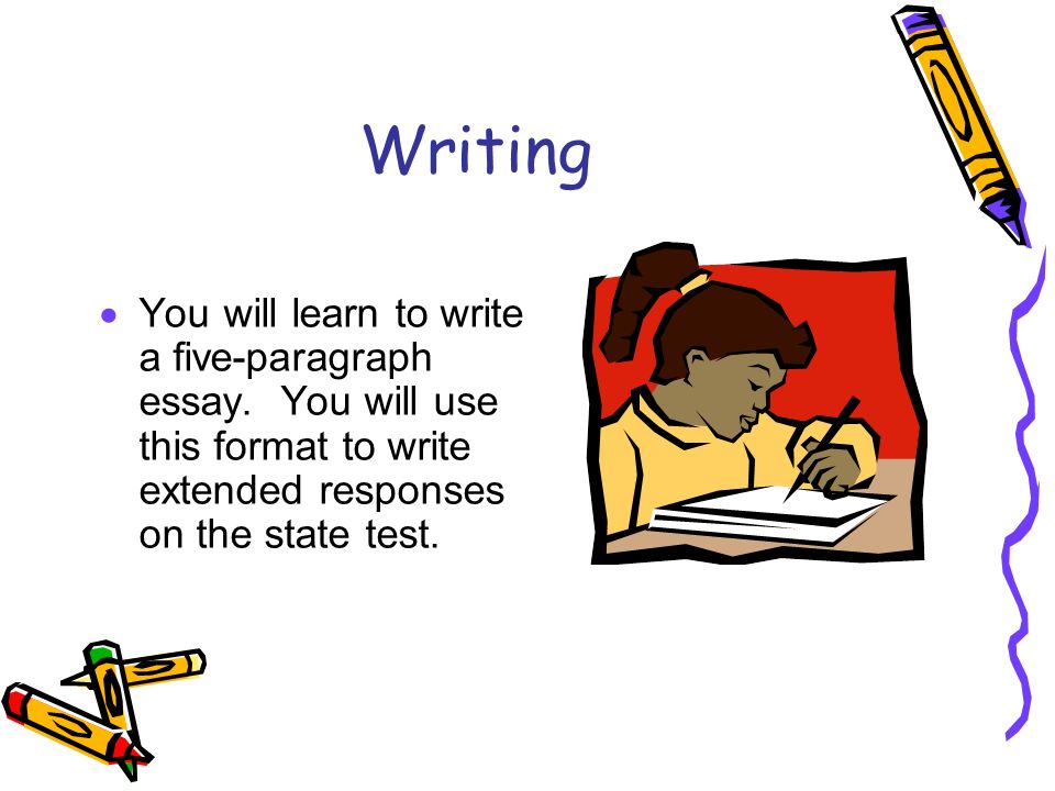 Writing  You will learn to write a five-paragraph essay.
