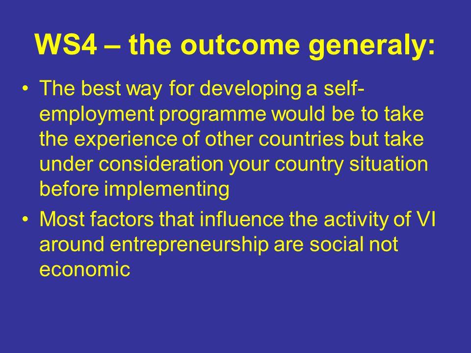 WS4 – the outcome generaly: The best way for developing a self- employment programme would be to take the experience of other countries but take under consideration your country situation before implementing Most factors that influence the activity of VI around entrepreneurship are social not economic