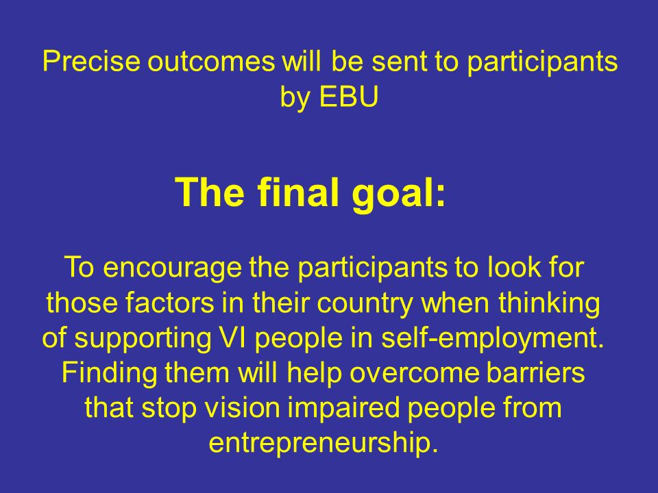 Precise outcomes will be sent to participants by EBU To encourage the participants to look for those factors in their country when thinking of supporting VI people in self-employment.