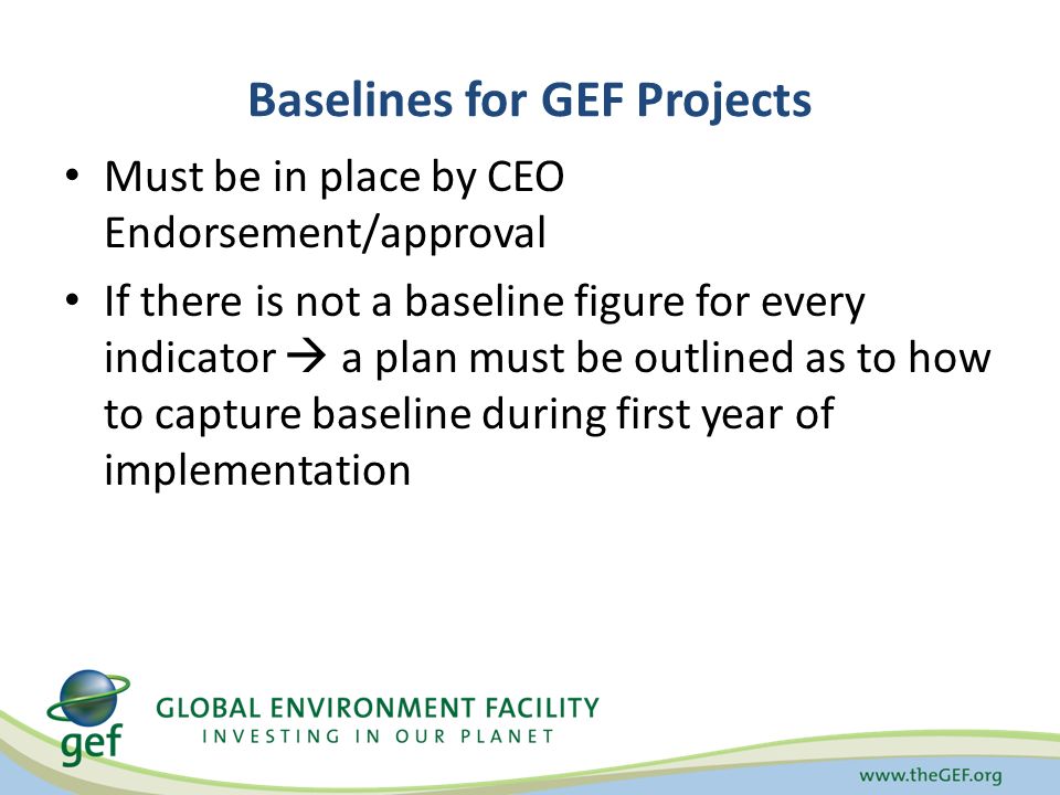 Baselines for GEF Projects Must be in place by CEO Endorsement/approval If there is not a baseline figure for every indicator  a plan must be outlined as to how to capture baseline during first year of implementation