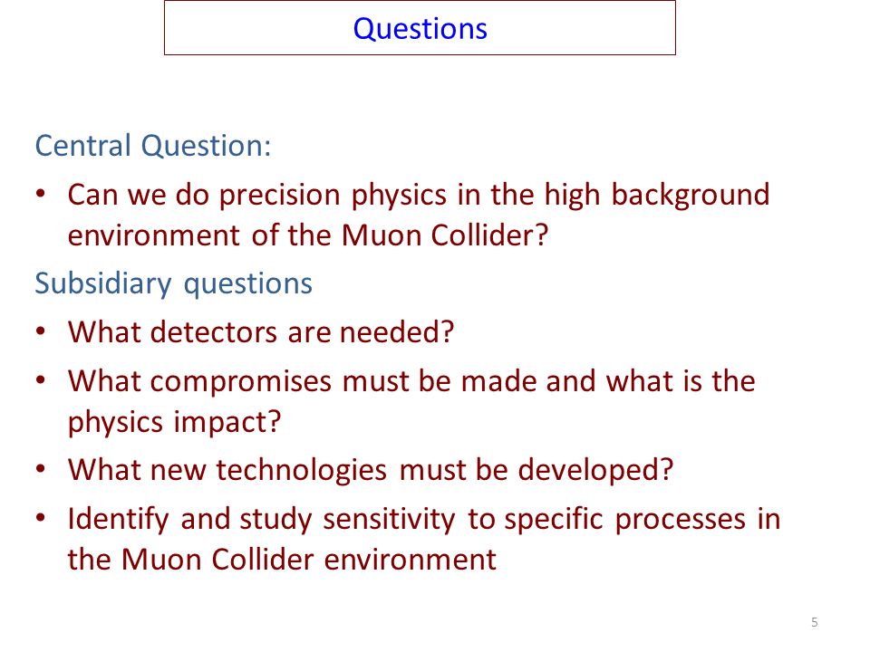 Questions Central Question: Can we do precision physics in the high background environment of the Muon Collider.