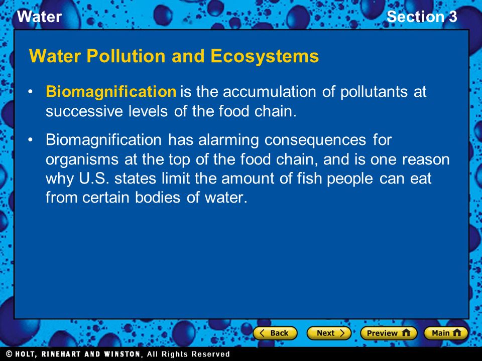 WaterSection 3 Water Pollution and Ecosystems Biomagnification is the accumulation of pollutants at successive levels of the food chain.
