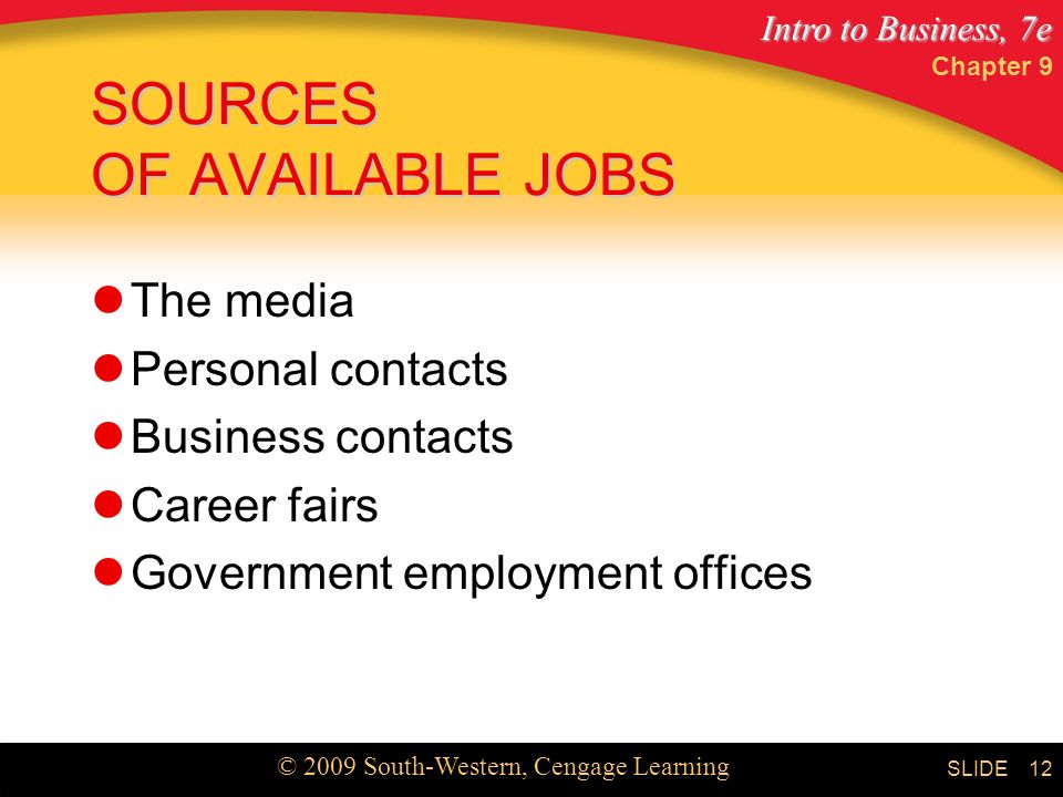 Intro to Business, 7e © 2009 South-Western, Cengage Learning SLIDE Chapter 9 12 SOURCES OF AVAILABLE JOBS The media Personal contacts Business contacts Career fairs Government employment offices