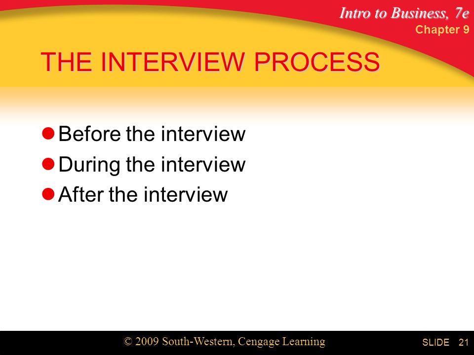 Intro to Business, 7e © 2009 South-Western, Cengage Learning SLIDE Chapter 9 21 THE INTERVIEW PROCESS Before the interview During the interview After the interview