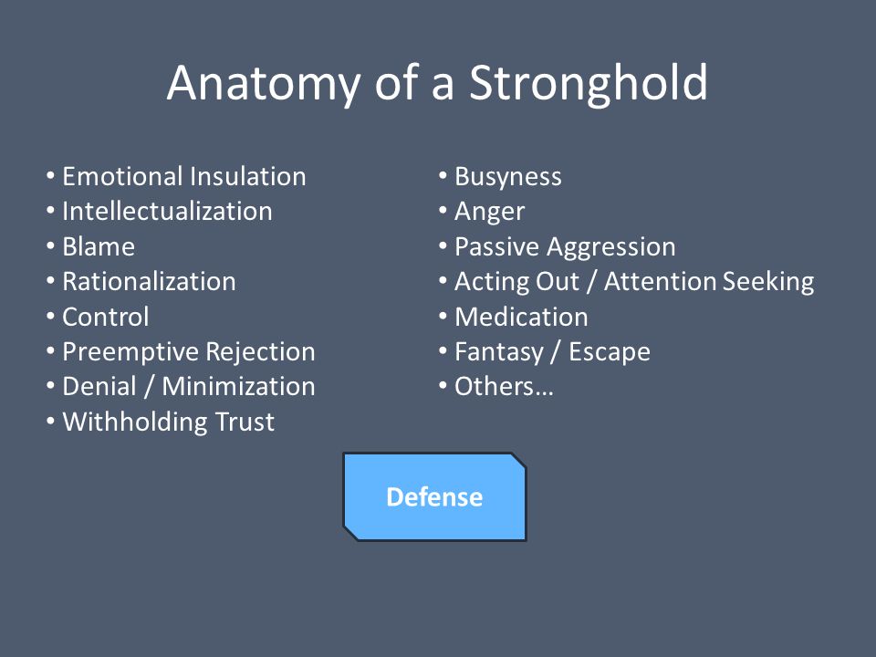 Anatomy of a Stronghold Defense Emotional Insulation Intellectualization Blame Rationalization Control Preemptive Rejection Denial / Minimization Withholding Trust Busyness Anger Passive Aggression Acting Out / Attention Seeking Medication Fantasy / Escape Others…