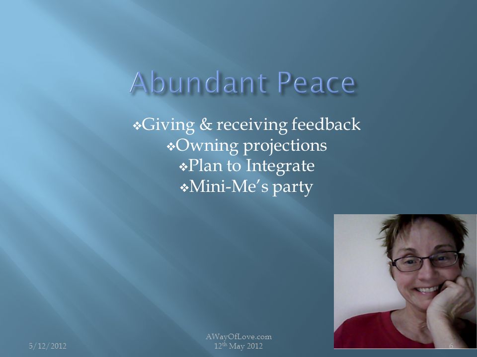  Giving & receiving feedback  Owning projections  Plan to Integrate  Mini-Me’s party 5/12/2012 AWayOfLove.com 12 th May 20126