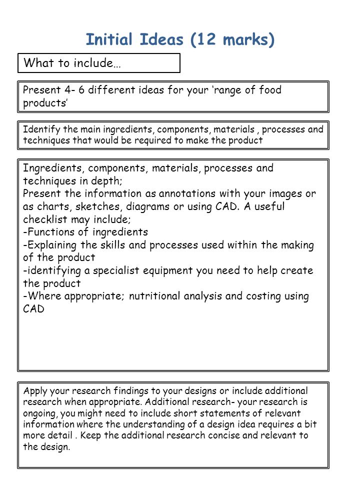 Initial Ideas (12 marks) What to include… Present 4- 6 different ideas for your ‘range of food products’ Identify the main ingredients, components, materials, processes and techniques that would be required to make the product Apply your research findings to your designs or include additional research when appropriate.