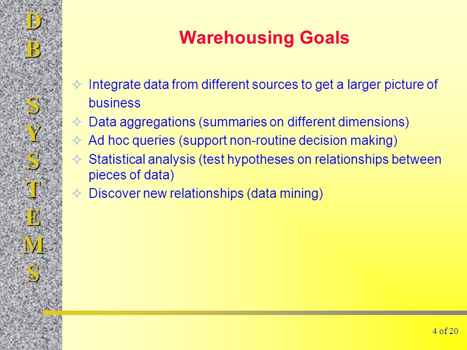 DBSYSTEMS 4 of 20 Warehousing Goals  Integrate data from different sources to get a larger picture of business  Data aggregations (summaries on different dimensions)  Ad hoc queries (support non-routine decision making)  Statistical analysis (test hypotheses on relationships between pieces of data)  Discover new relationships (data mining)