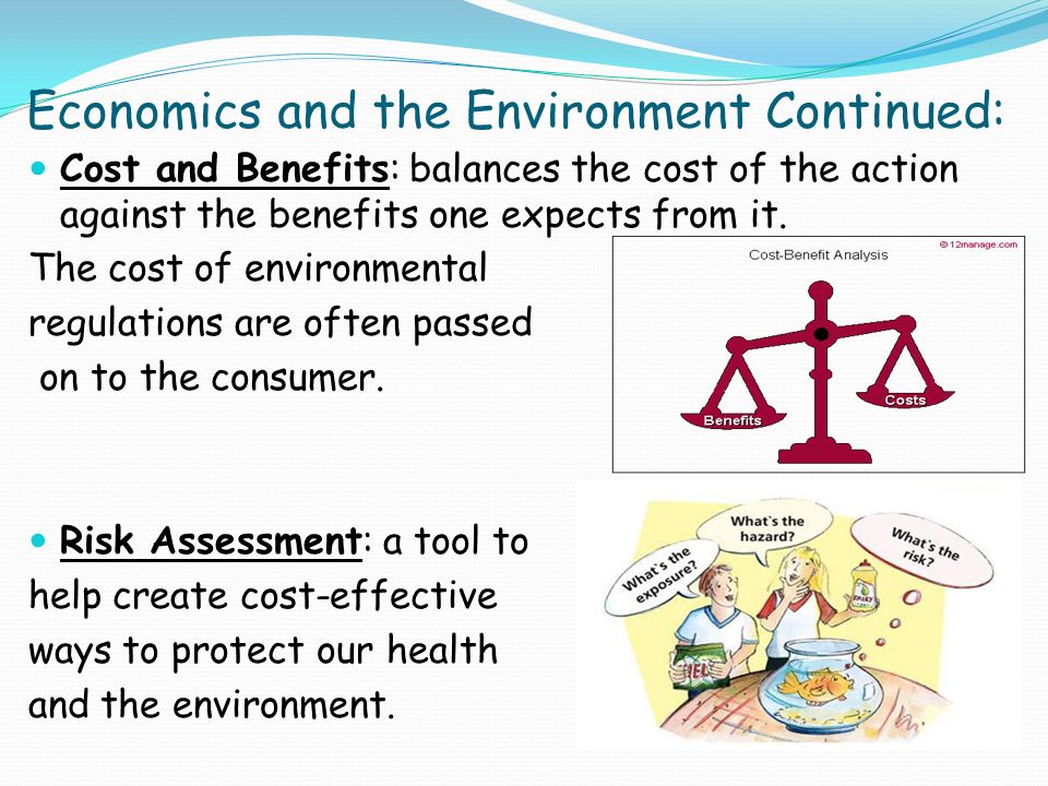 Economics and the Environment Continued: Cost and Benefits: balances the cost of the action against the benefits one expects from it.
