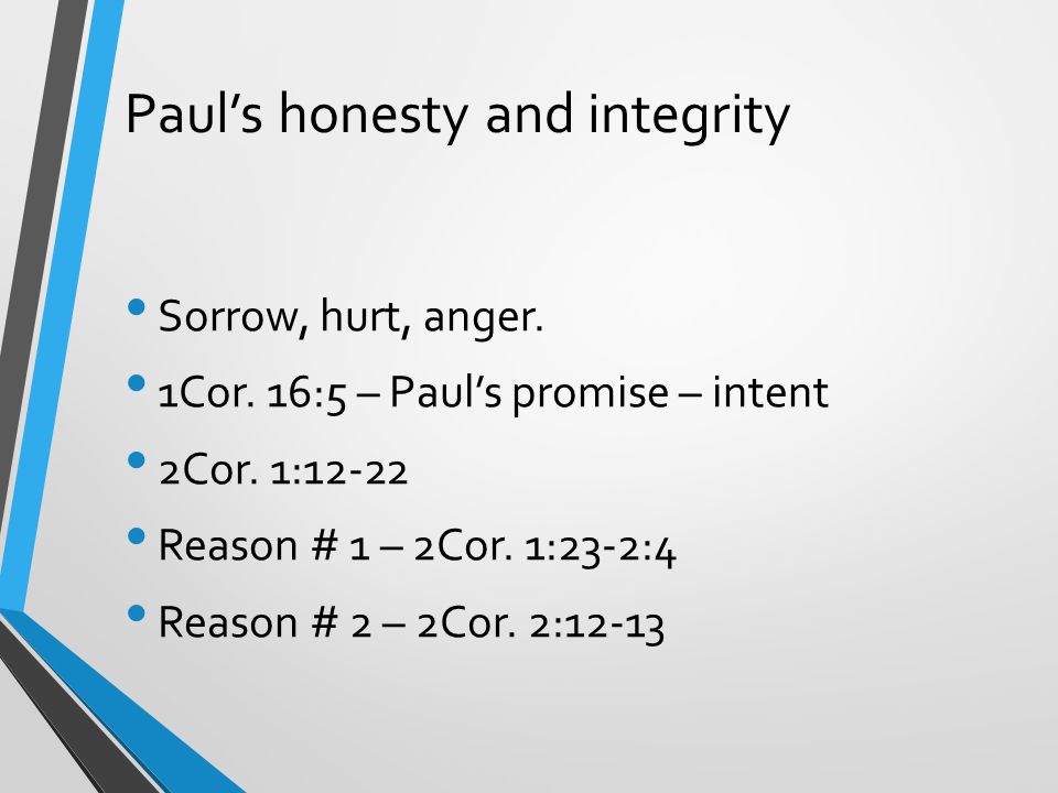 Paul’s honesty and integrity Sorrow, hurt, anger. 1Cor.