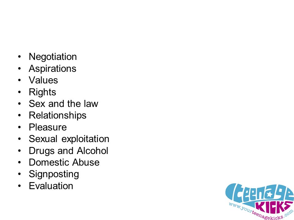 Negotiation Aspirations Values Rights Sex and the law Relationships Pleasure Sexual exploitation Drugs and Alcohol Domestic Abuse Signposting Evaluation