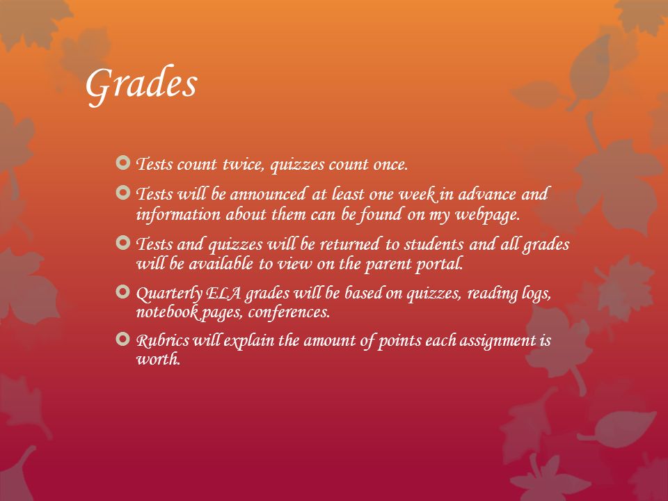 Grades  Tests count twice, quizzes count once.