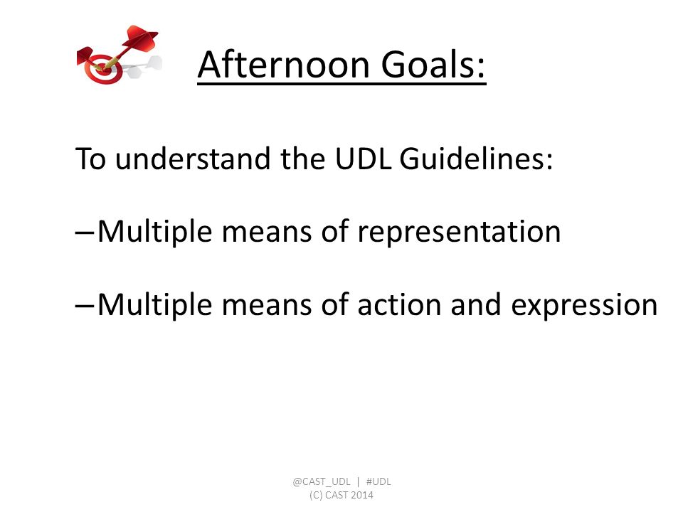 To understand the UDL Guidelines: – Multiple means of representation – Multiple means of action and expression Afternoon | #UDL (C) CAST 2014