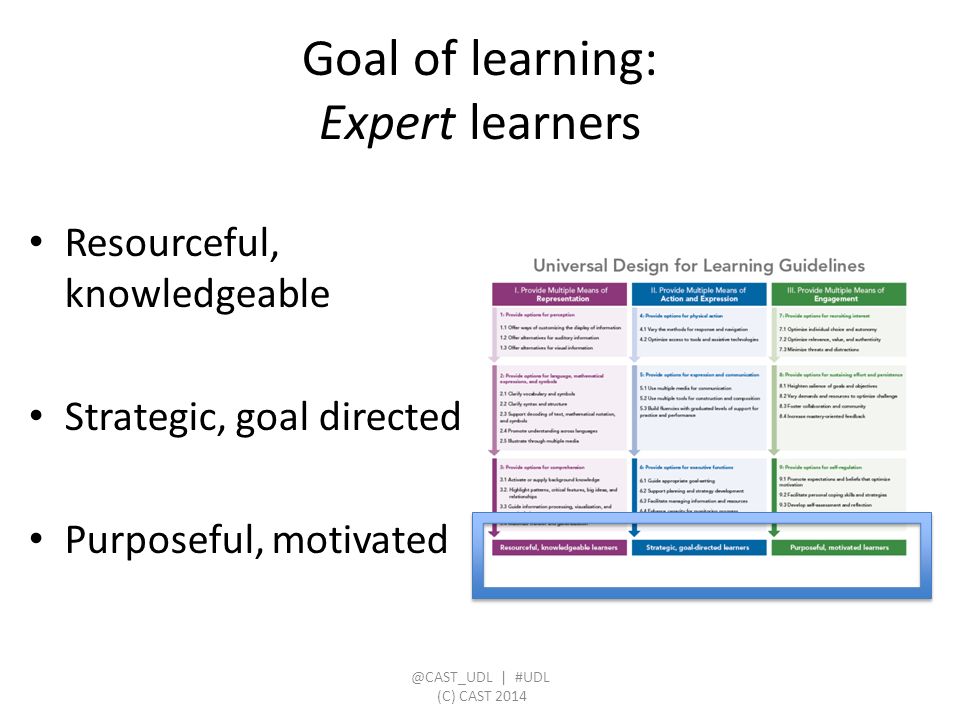 Goal of learning: Expert learners Resourceful, knowledgeable Strategic, goal directed Purposeful, | #UDL (C) CAST 2014