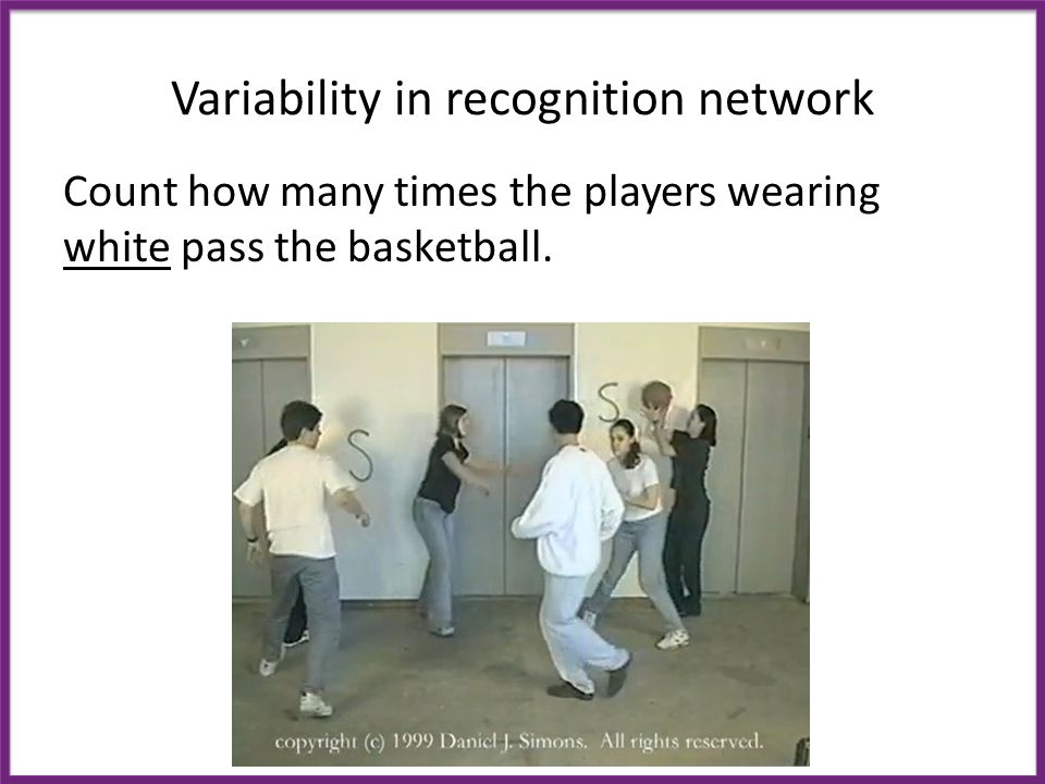 Variability in recognition network Count how many times the players wearing white pass the basketball.