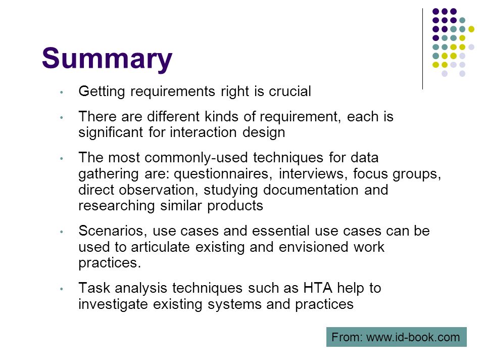 Summary Getting requirements right is crucial There are different kinds of requirement, each is significant for interaction design The most commonly-used techniques for data gathering are: questionnaires, interviews, focus groups, direct observation, studying documentation and researching similar products Scenarios, use cases and essential use cases can be used to articulate existing and envisioned work practices.